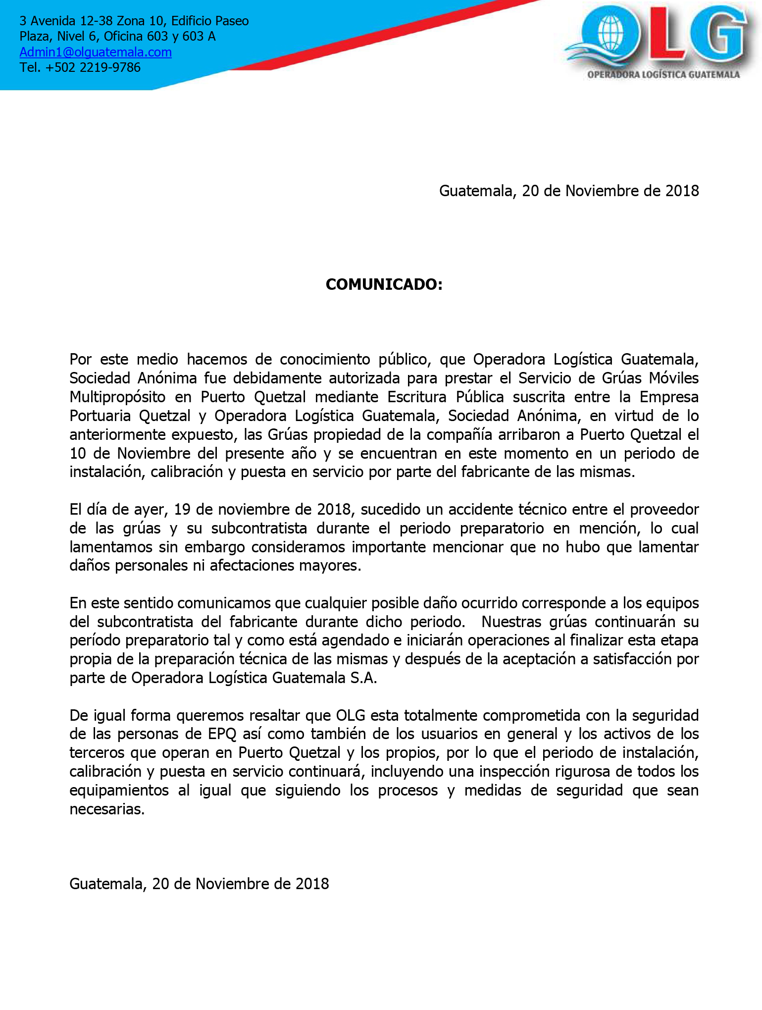 Comunicado emitido por Operadora Logística Guatemala, S. A. -OLG-