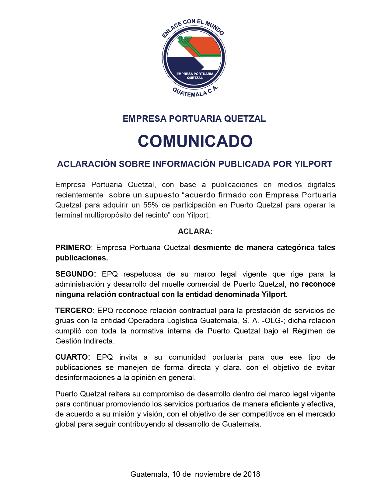 COMUNICADO URGENTE DE EPQ! Aclaración a la comunidad portuaria y opinión pública sobre publicación de Yilport.