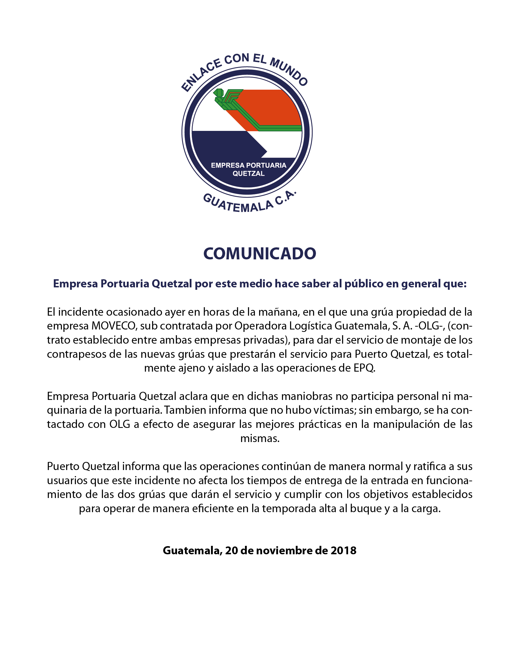 COMUNICADO URGENTE DE EMPRESA PORTUARIA QUETZAL A USUARIOS Y PÚBLICO EN GENERAL.